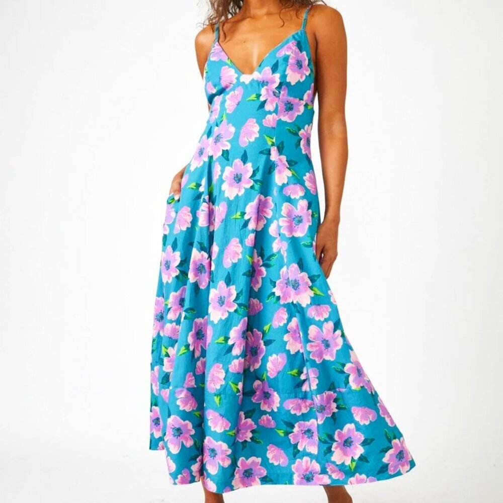 NWT FREE PEOPLE FINER THINGS TEAL FLORAL STRAPPY BOHO MIDI SUNDRESS M - Picture 4 of 10